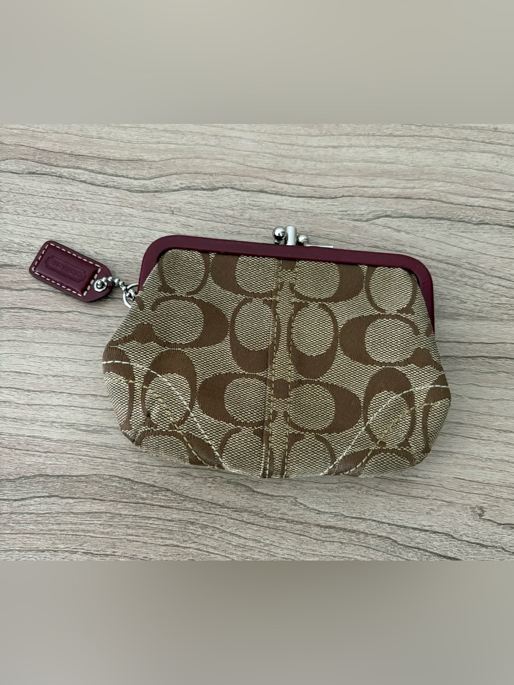 Coach Canvas Kiss-Lock Coin Purse in Brown with Burgundy Trim